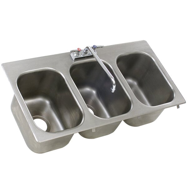 A stainless steel Eagle Group drop-in sink with three bowls and a deck mount faucet.