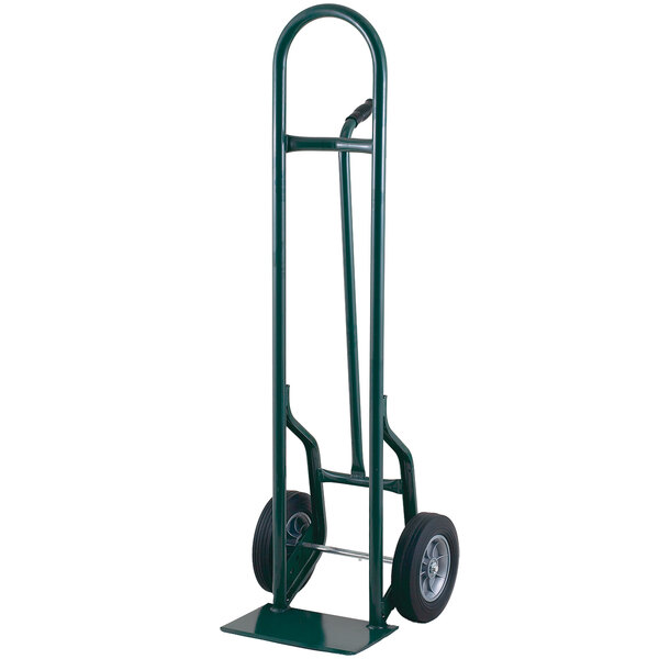 A green Harper hand truck with wheels and a handle.