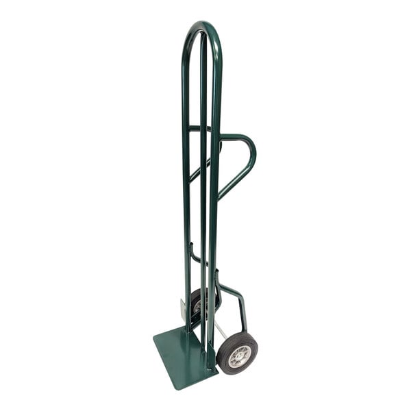 A green Harper steel hand truck with black handles.