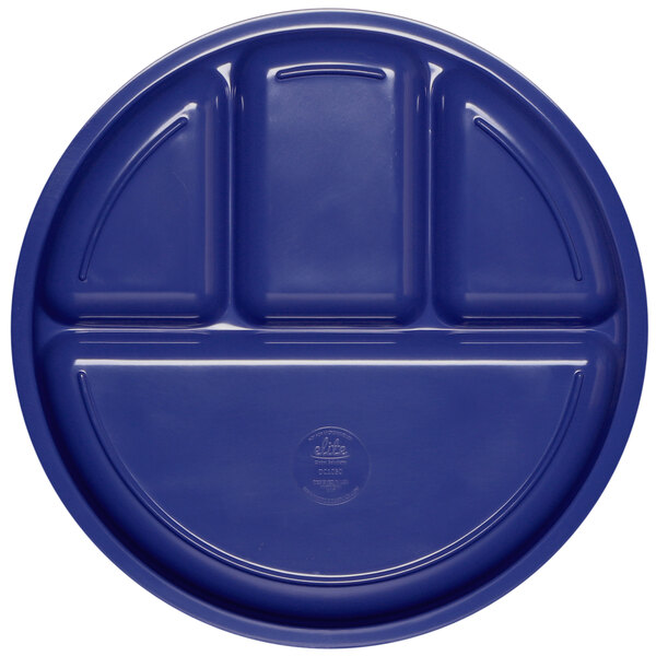 A blue melamine round dish with four compartments.