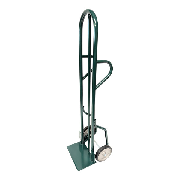 A green Harper steel hand truck with wheels and dual loop handles.