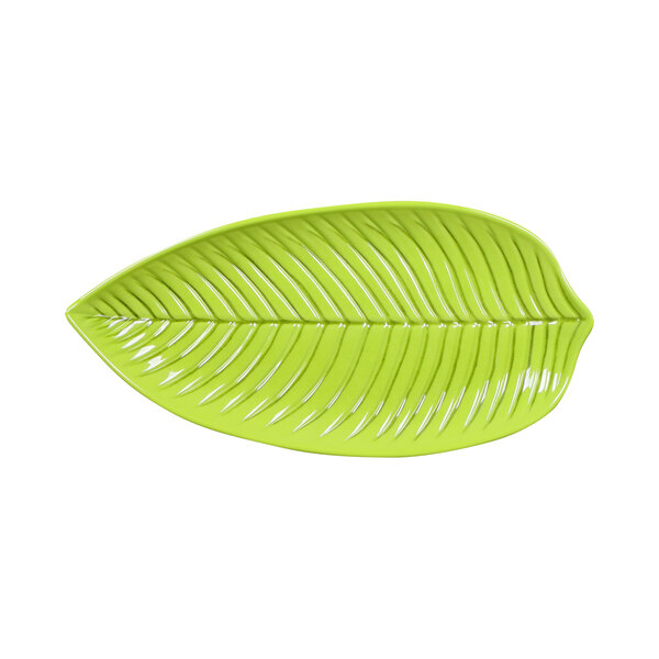 A green leaf shaped melamine platter.