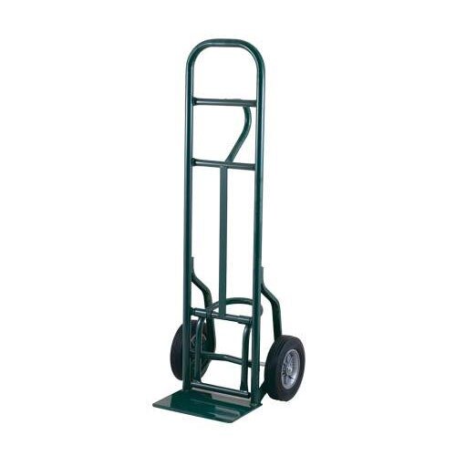 A green metal Harper hand truck with black pneumatic wheels.