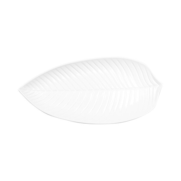 A white Elite Global Solutions leaf shaped platter with a leaf pattern.