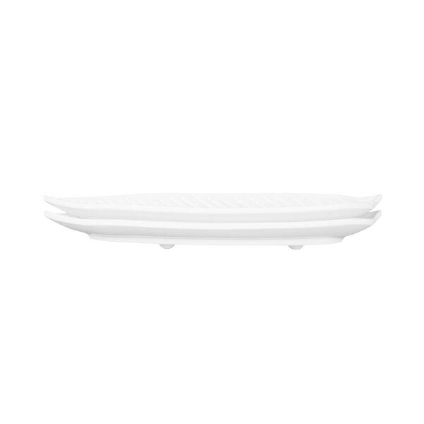 A white Elite Global Solutions Tropicana leaf melamine platter with a white handle.