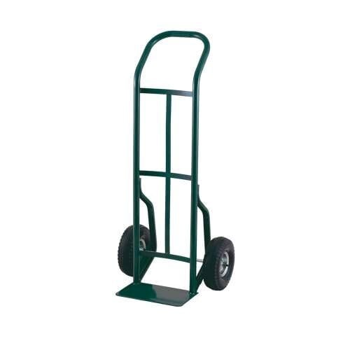 A green metal Harper hand truck with black wheels.