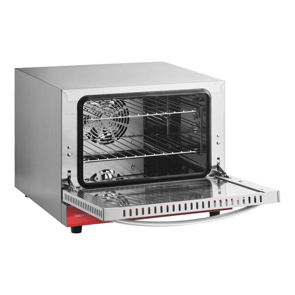 A stainless steel countertop convection oven with an open front door and two wire racks inside.