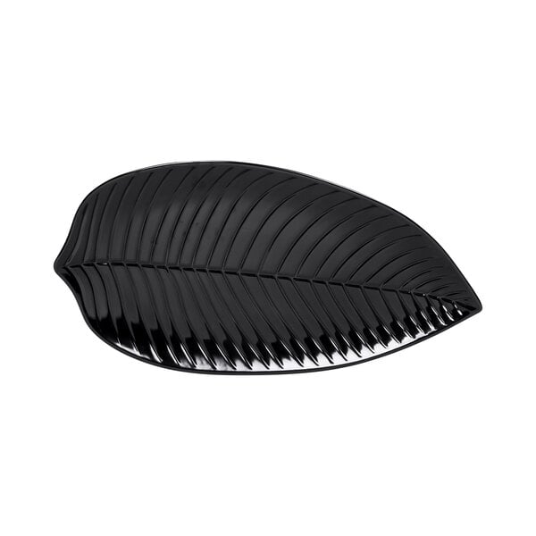 A black Elite Global Solutions leaf shaped platter with a leaf pattern.