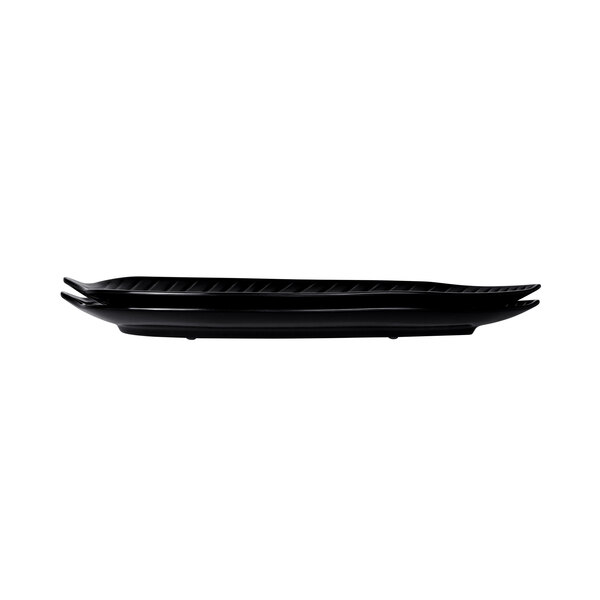 A black Elite Global Solutions Tropicana leaf melamine platter with handles.