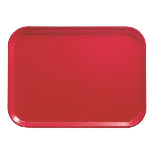 A red rectangular Cambro tray with a white border.