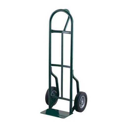A green Harper steel hand truck with black pneumatic wheels.