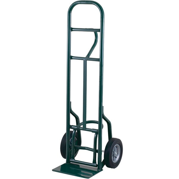 A green Harper Eze Off hand truck with black wheels.