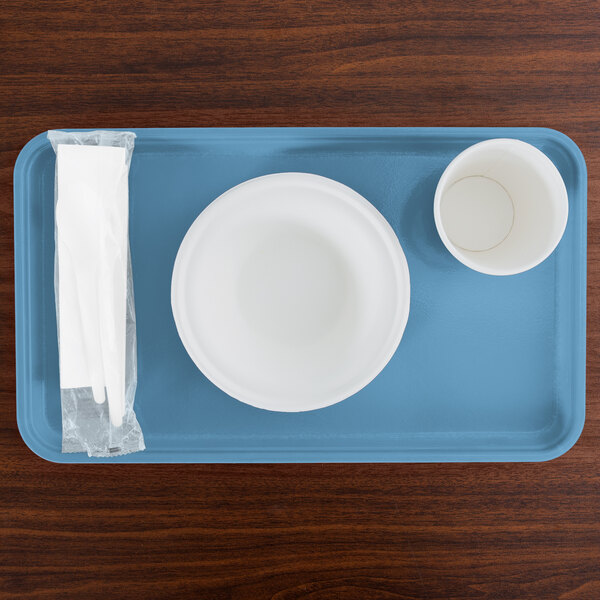 A blue tray with a white bowl and cup on it.