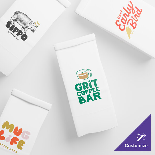 A set of customizable white paper coffee bags with various printed logos and a reclosable tin tie.