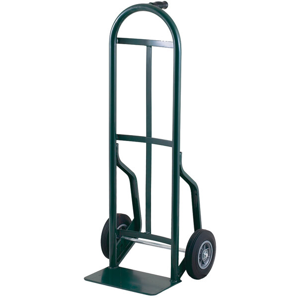 A green Harper steel hand truck with black wheels and a single pin handle.