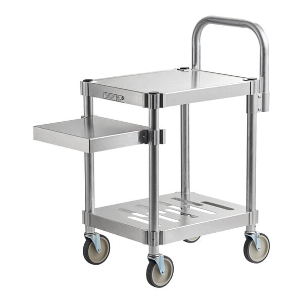 A silver metal Robot Coupe R199 Robo-Cart with a shelf and handle.