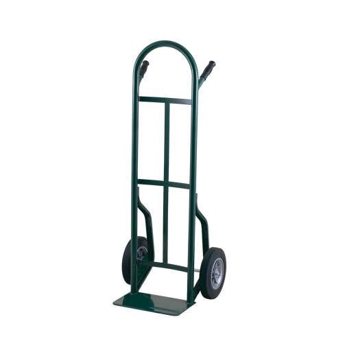 A green metal Harper hand truck with pneumatic wheels.