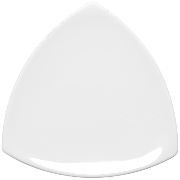 A white triangle shaped Elite Global Solutions melamine plate.