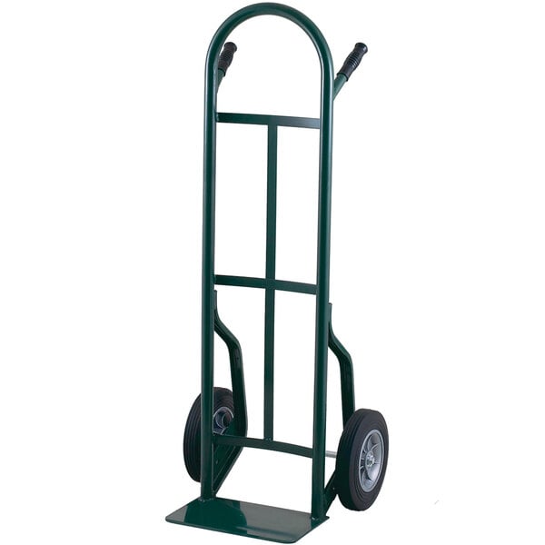 A green Harper hand truck with black wheels.