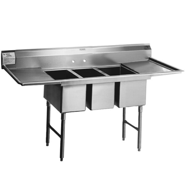 A stainless steel Eagle Group 3 compartment sink with three sideways bowls.