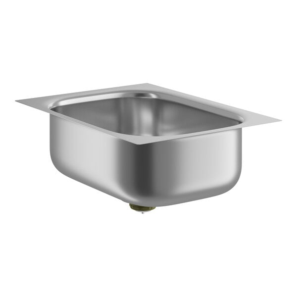 A close-up of a silver Eagle Group seamless weld in sink bowl with a square bottom and drain.