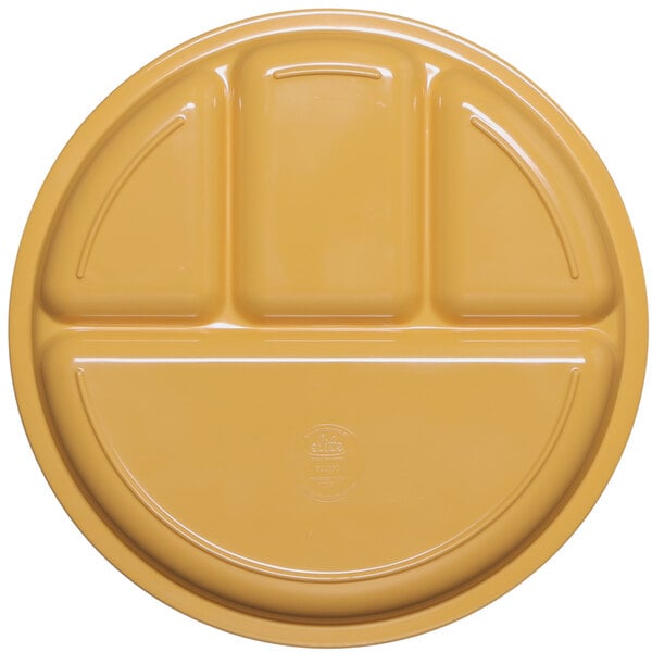 A yellow melamine dish with four compartments.