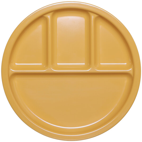 A yellow round melamine plate with four compartments.