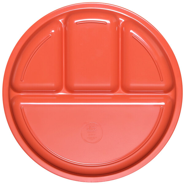 An Elite Global Solutions Rio Spring Coral melamine dish with four compartments.