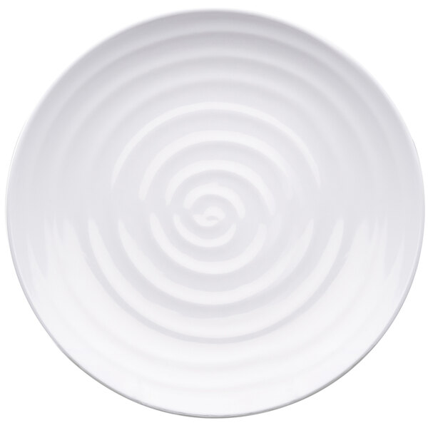 A white Elite Global Solutions melamine plate with a swirly pattern on it.