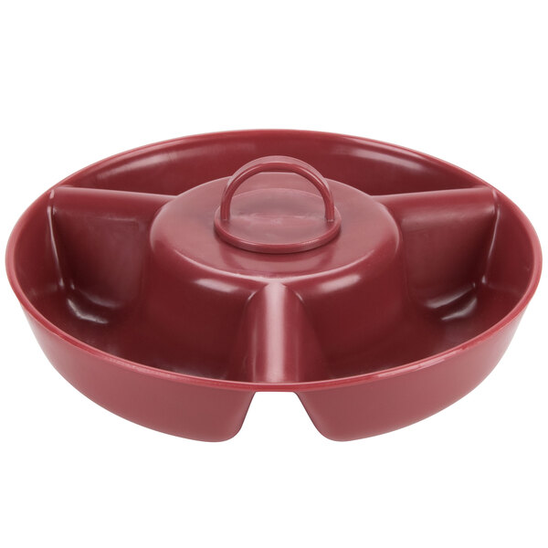 A white plastic tray with a red lid and three sections.