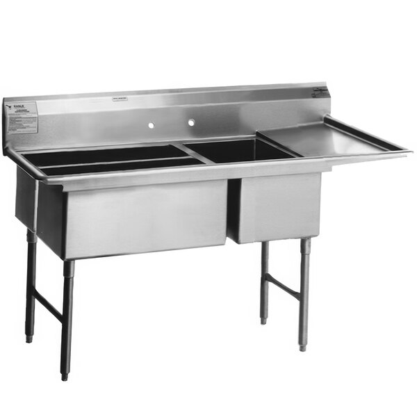 A stainless steel Eagle Group 3 compartment sink with two sideways bowls and a right drainboard.