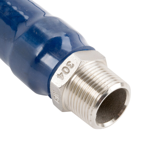 A blue T&S water appliance hose with a silver nut.
