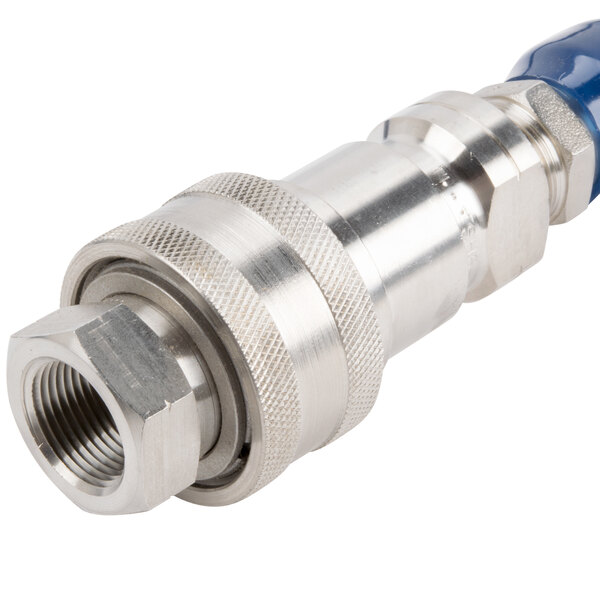 A T&S stainless steel water appliance hose with blue threads and metal connectors.