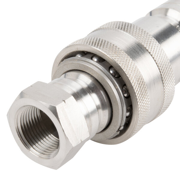 A stainless steel T&S Safe-T-Link water appliance hose with a threaded nut.