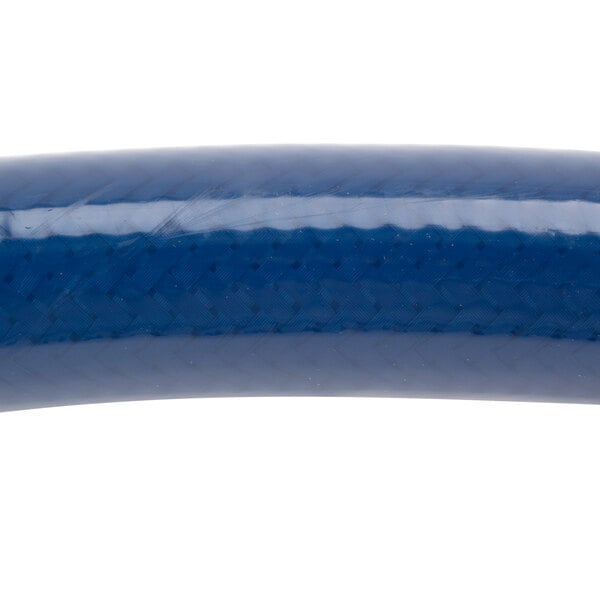 A close up of a blue T&S water appliance hose with white connectors.