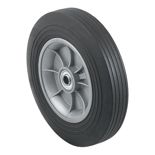 The wheel of a Harper hand truck with a grey rim.