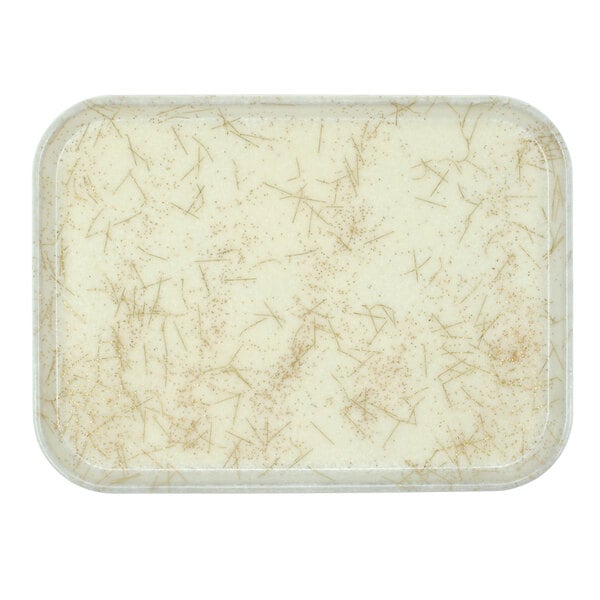 A white rectangular Cambro tray with brown specks on it.