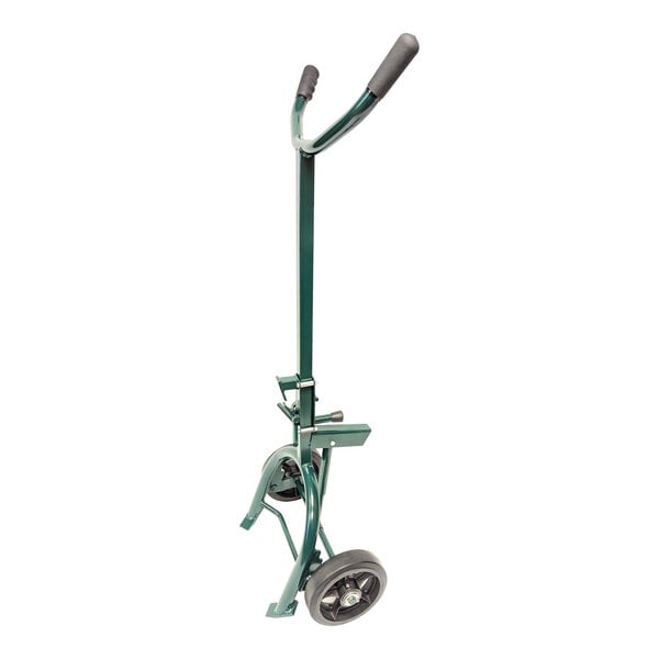 A green Harper drum truck with wheels and handles.