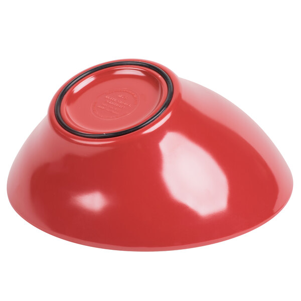 A red melamine bowl with a black rim.