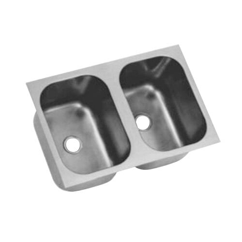 A stainless steel Eagle Group double sink with two compartments and two holes in the center.