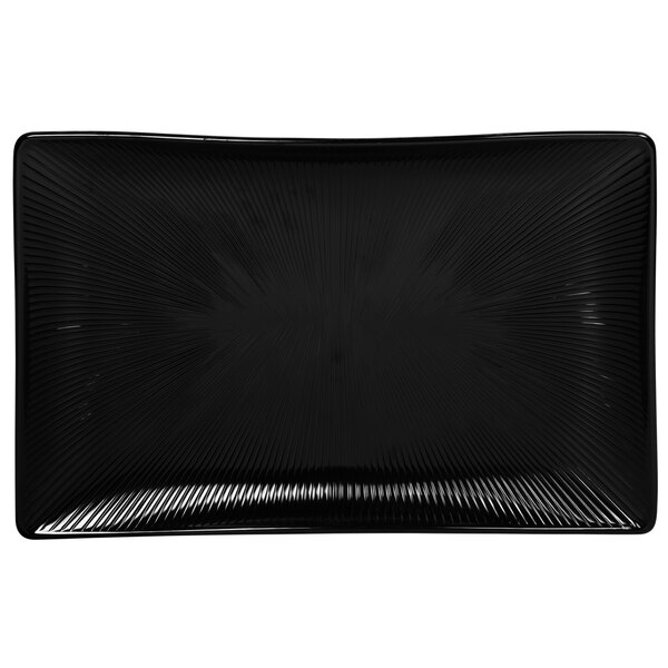 A black rectangular Elite Global Solutions melamine tray with lines on it.