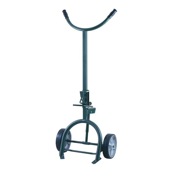 A green Harper hand truck with wheels and a metal pole with a handle.