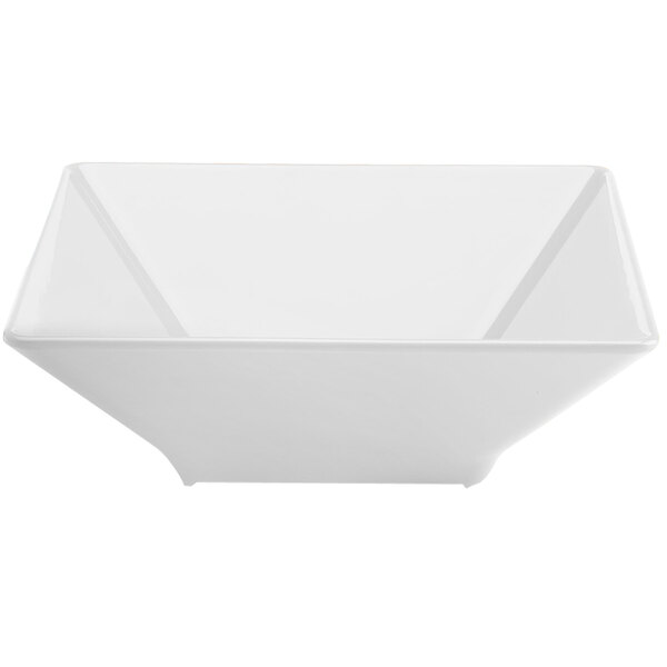 A white square bowl with a black border.