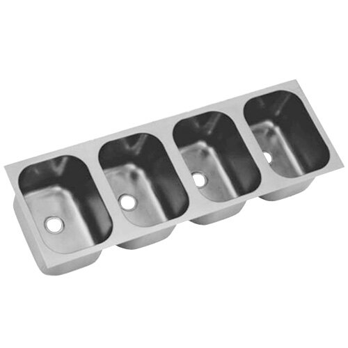 A silver rectangular metal sink with four bowls and a metal tray with holes.