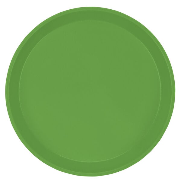 A close-up of a green Cambro cafeteria tray with a white background.