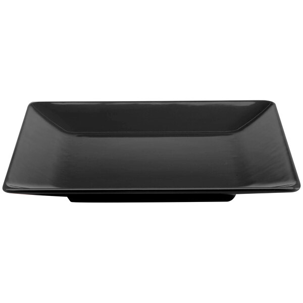An Elite Global Solutions black square melamine plate with a black rim.