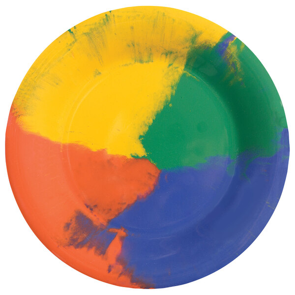 A close-up of a GET Diamond Celebration plate with yellow, green, red, and blue paint designs.