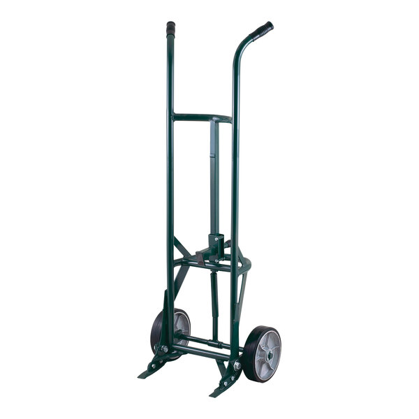 A green Harper drum truck with wheels and a handle.