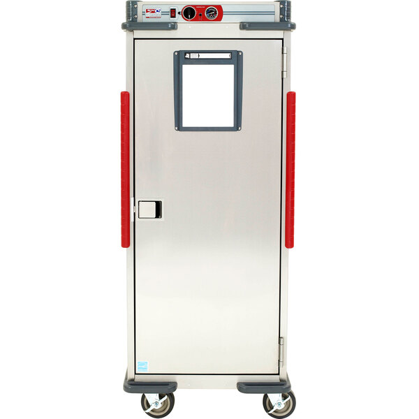 A silver rectangular Metro C5 heated holding cabinet with red handles on the door.