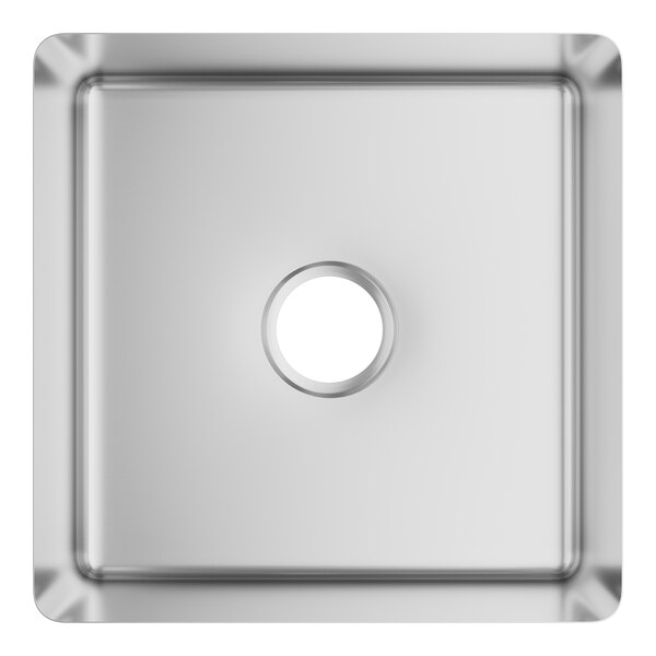 A stainless steel square sink bowl with a circle in the center.
